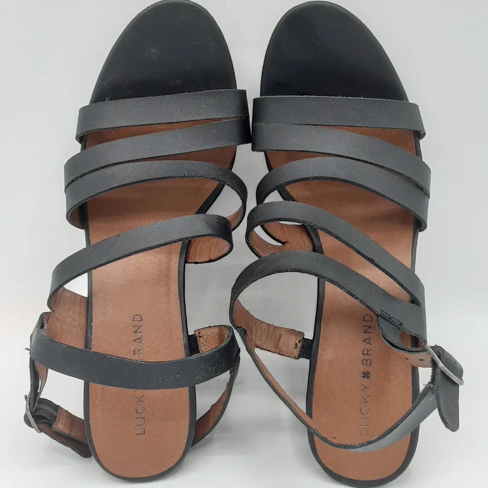 Lucky Brand Larinaa Black Leather Boho Retro 70's Strappy Wedge Sandals.